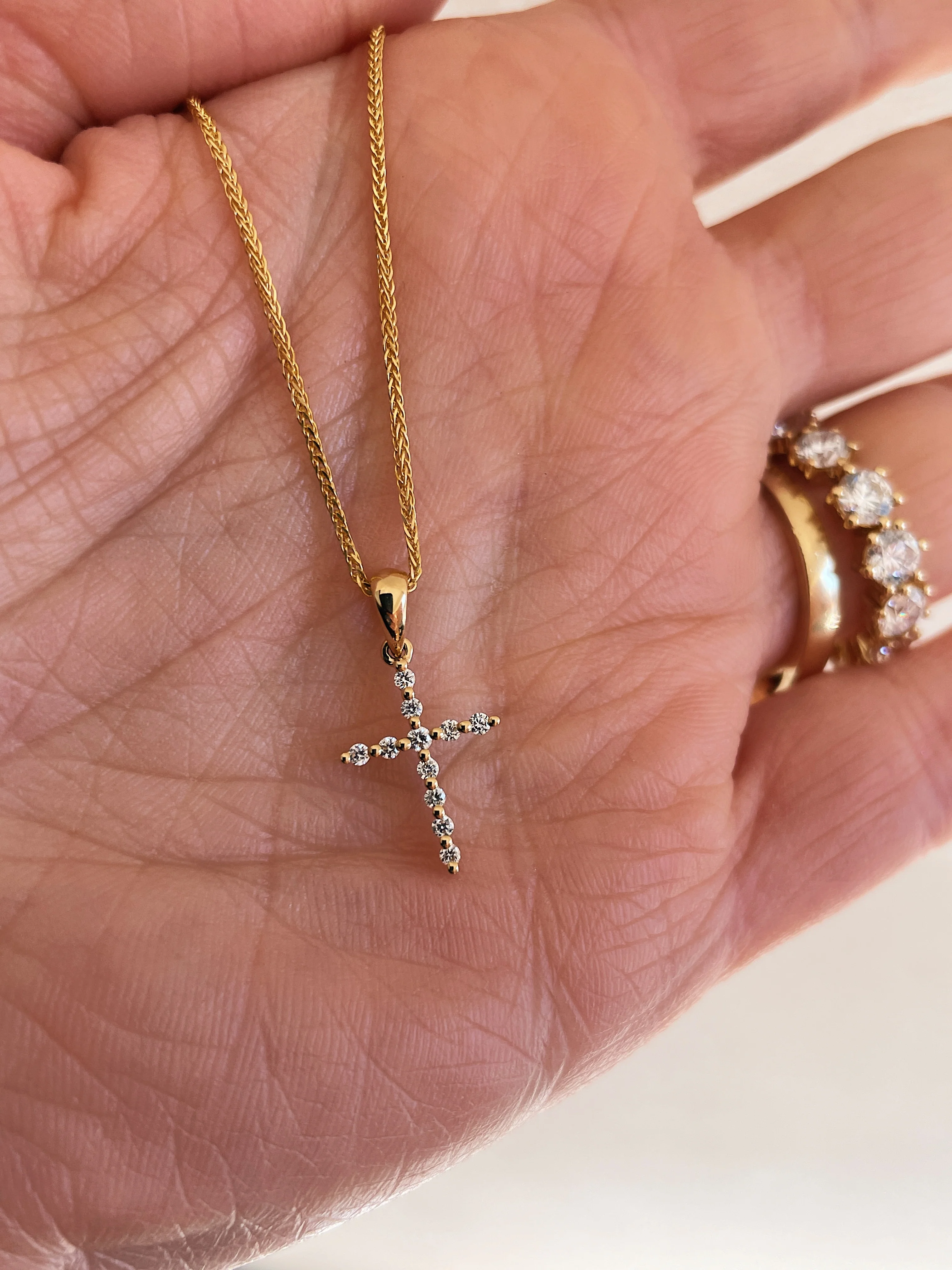 18k Yellow Gold Shared Prong Diamond Cross - Image 3